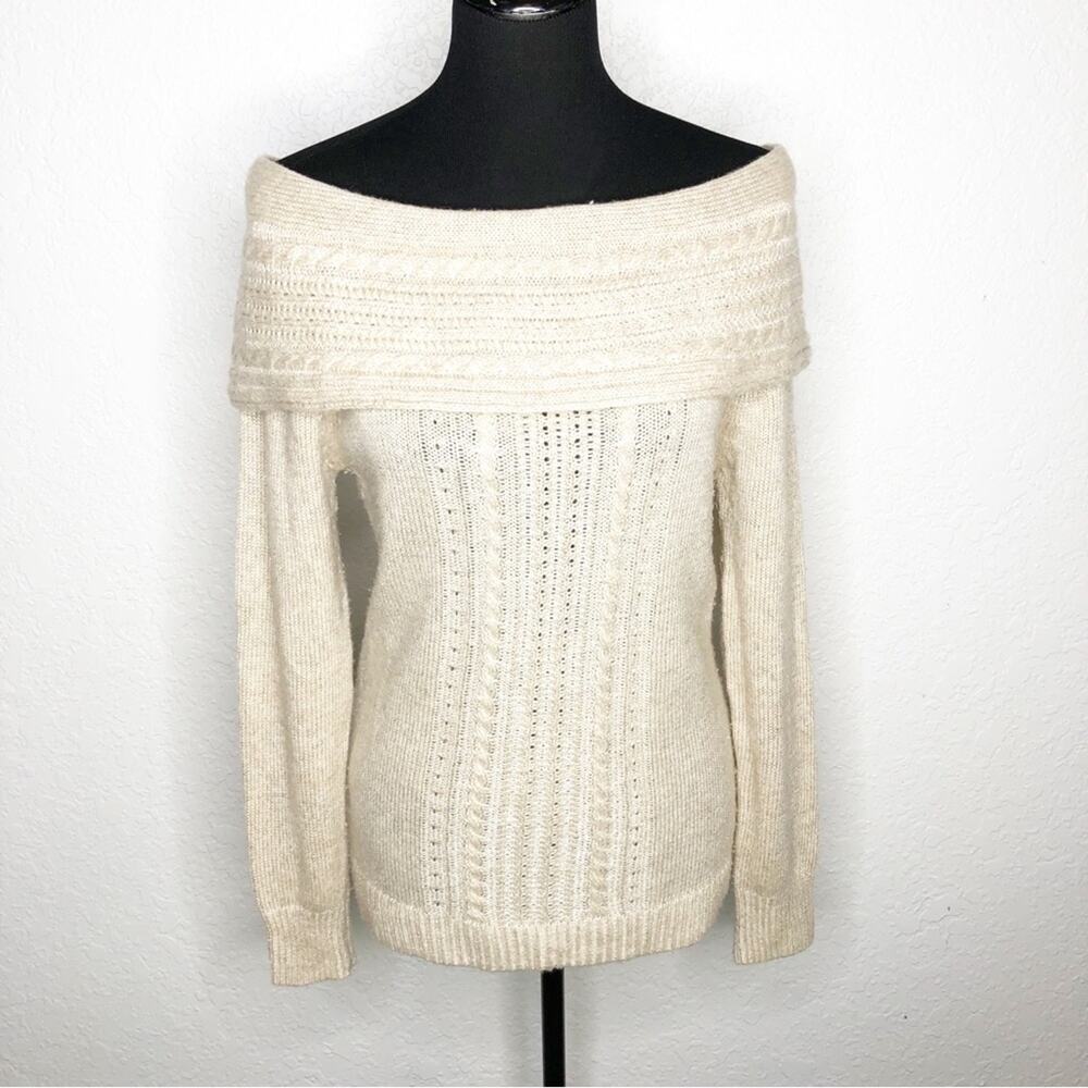 WHBM‎ cream gold metallic off shoulder wool blend sweater size Small